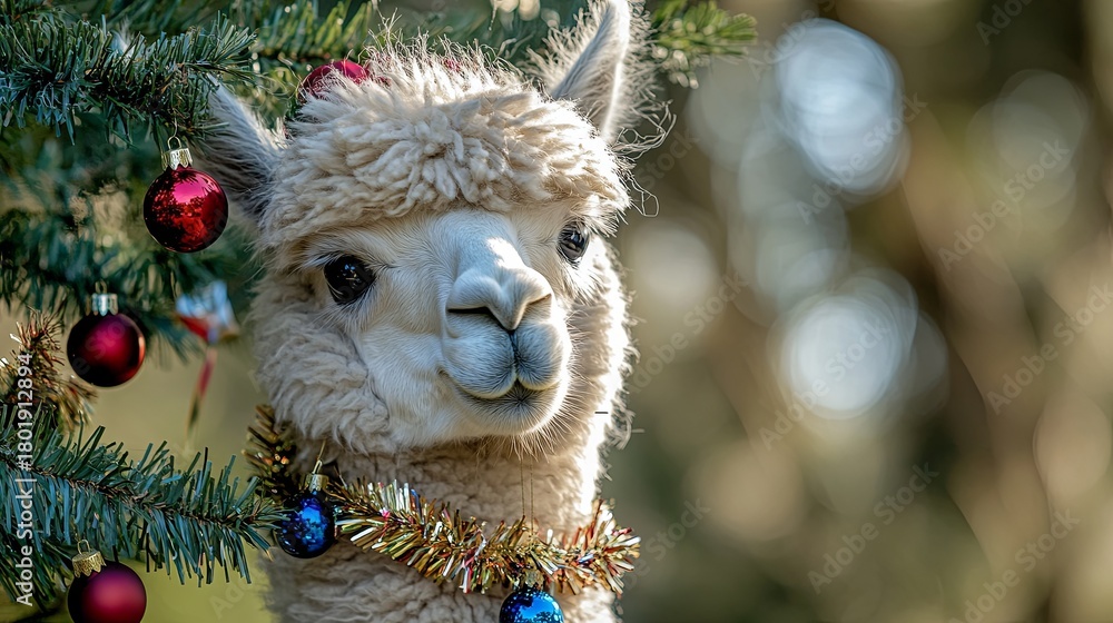 Naklejka premium alpaca with tinsel and baubles on fur, standing beside pine tree .