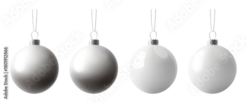 Christmas ball ornament, 3d decorations silver bauble. Bulb xmas toy elements isolated on white bg. Bright decor hanging on ribbon, light realistic new year. Glass glossy foil sphere, sparkle noel set