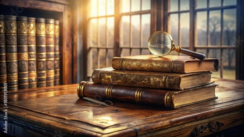 Wallpaper Mural Antique books, magnifying glass, and ornate wooden desk in a sunlit room Torontodigital.ca