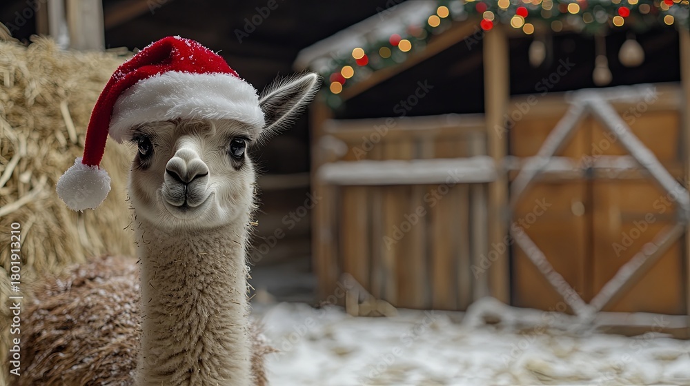 Naklejka premium Baby llama wearing a Santa hat, standing by a decorated barn .