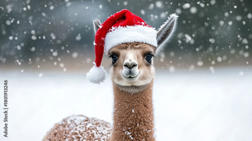Obraz premium Baby llama wearing a Santa hat, standing in a snowy pasture .