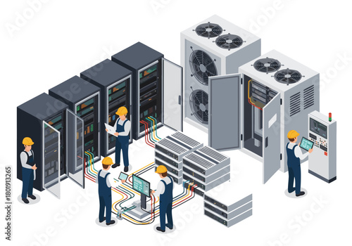 Isometric concept of IT professionals maintaining a network server room, managing data racks and industrial cooling systems. Vector graphic illustration