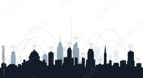 Modern cityscape silhouette with tall buildings and iconic dome against a white sky