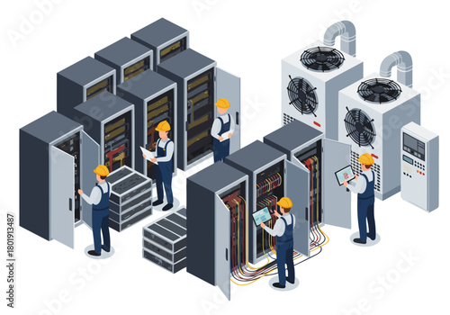 Isometric Illustration of Engineers Maintaining Servers in a Data Center for IT Infrastructure