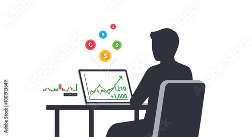 Silhouette of a man working on a laptop with a growing financial chart and social media icons above