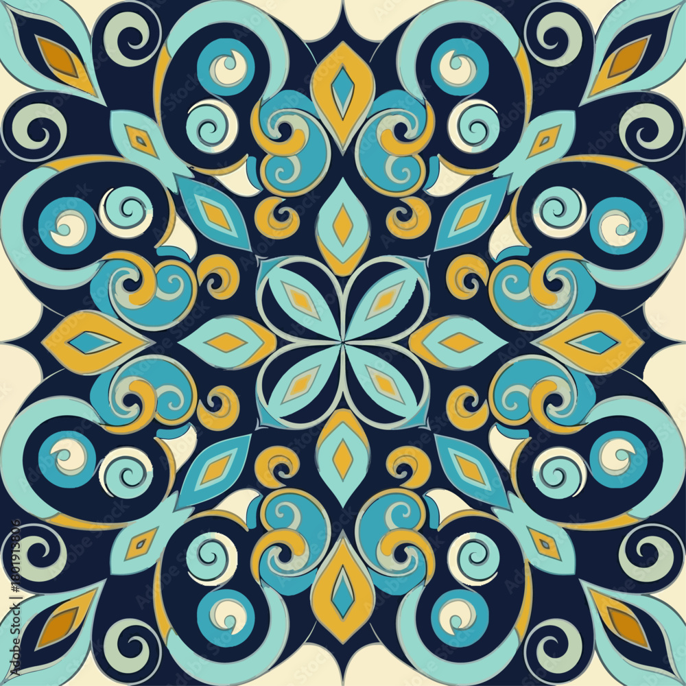 Fototapeta premium Decorative Ornament with Swirls Ornamental Vector Design in Blue and Gold