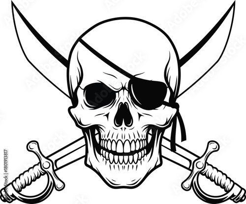Pirate skull vector illustration with crossed swords and eye patch art eps silhouette