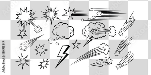 Dynamic comic book style explosion, speed lines, and starburst elements for action-packed designs