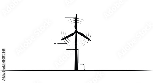 Stylized black and white illustration of a wind turbine generating clean renewable energy against a white background