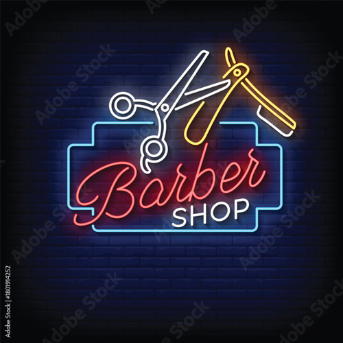 barber shop neon signboard with brick wall background vector
