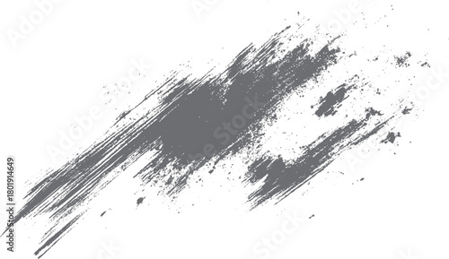 Textured grey brush stroke with scattered dots and splatters on a white background abstract graphic element