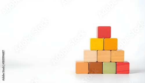 Colorful square wooden blocks stacked in a pyramid shape, isolated on a white background. Empty space for text copy.