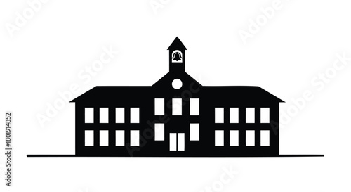 Silhouette of a classic school building with a bell tower and multiple windows against a white background