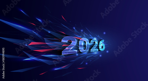 Year 2026 numbers speeding forward through abstract digital fragments. Futuristic technology, business achievement, and speed concept. Vector EPS10.