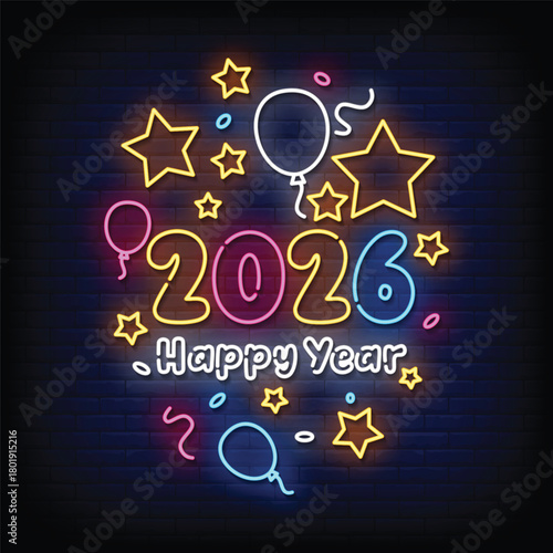 2026 new year neon signboard with brick wall background vector