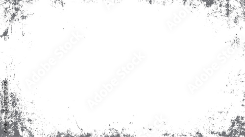 Textured grunge border overlay with distressed grey speckles and abstract shapes on white background