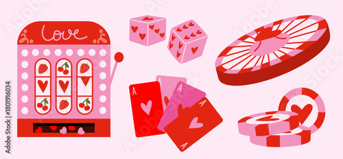 Love casino with roulette, dice, slot machine, cards, poker and chips, playful romantic illustration with fun valentine vibe.