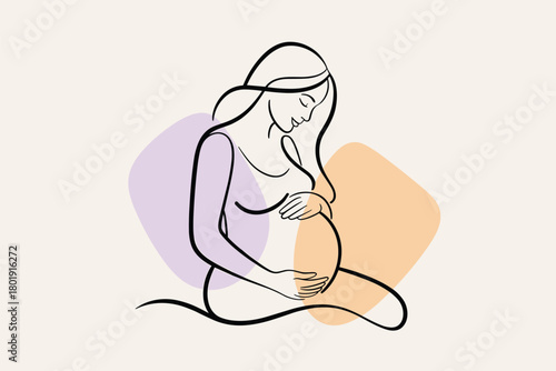 Pregnant woman with her hands on her belly, minimalist line art, soft pastel background