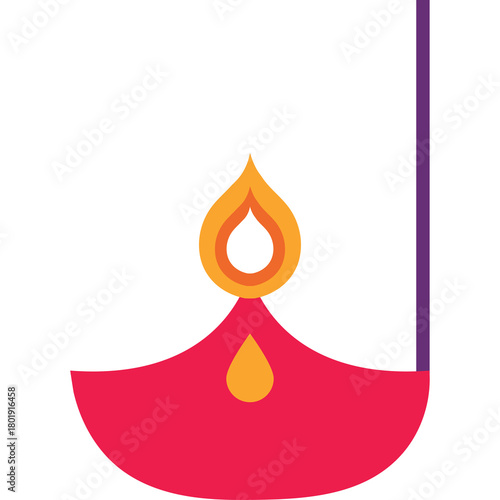 Diwali oil lamp illustration with bright orange and yellow flame on a pinkish red base with a purple string hanging on the side isolated on a white background