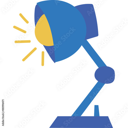 A blue desk lamp illuminates a yellow bulb with radiating lines on a transparent white background