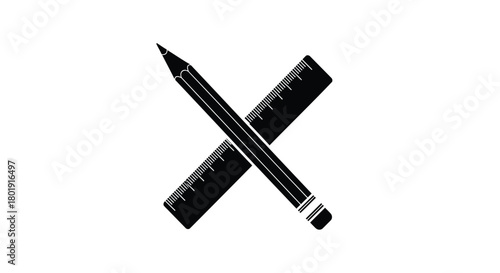 Hand drawn illustration of a pencil and ruler crossed over each other on a white background