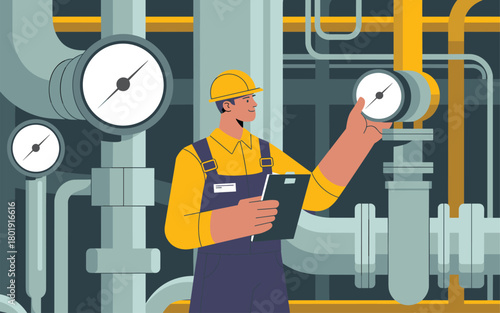 Industrial technician inspecting gauges in a factory with pipes and machinery