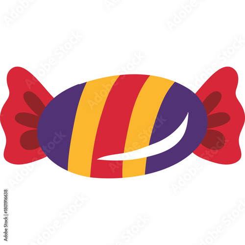 A purple candy with red and yellow stripes wrapped in red ends on a transparent background perfect for sweet illustrations and designs