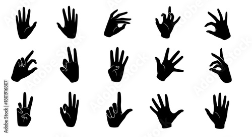 Collection of hand gestures in silhouette on a white background view, on transparent background