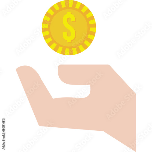 A simple flat design icon of a human hand holding a golden coin with a dollar sign on it against a transparent background symbolizing finance and economy