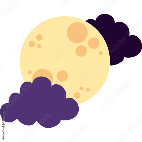 A stylized graphic of a pale yellow full moon partially obscured by dark purple clouds against a transparent background