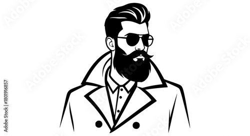 A man with a beard wearing sunglasses and a coat in a line art on transparent background