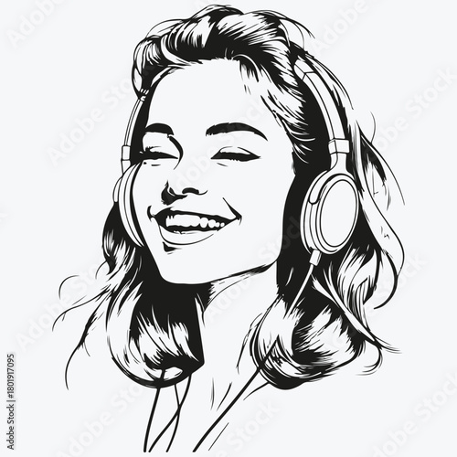woman in headphones listen music and smiling sketch illustration vector