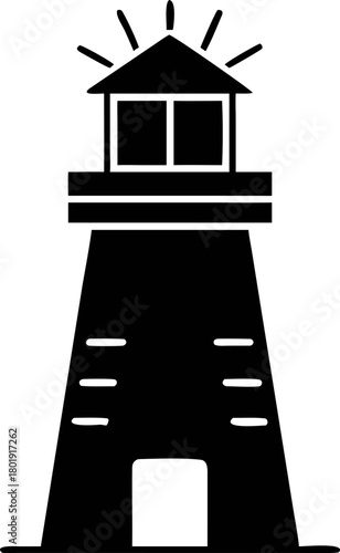 Solid black vector silhouette of a lighthouse beacon tower, a filled graphic icon representing navigational aid and safety