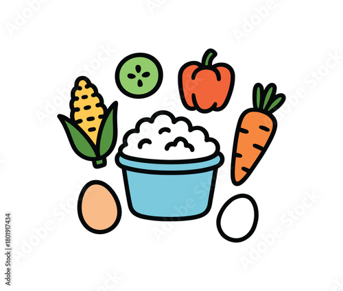Cute doodle farm products collection flat vector illustration bold handdrawn outlines bright solid fills isolated on white clean white space sticker style minimal detail cottage cheese tub