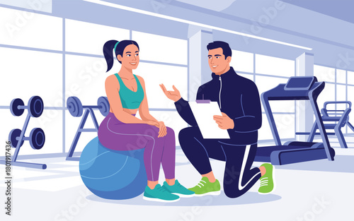 Personal trainer advising woman on exercise ball in a gym