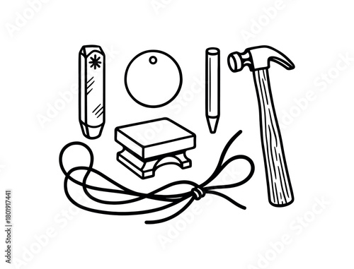 flat vector handdrawn black and white bold clean outlines white background talisman crafting metal stamp blank coin hole punch leather cord hammer anvil no logos