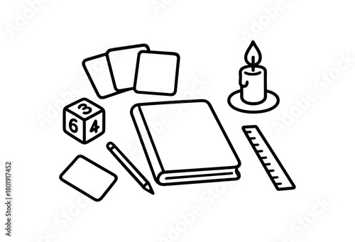 flat vector handdrawn black and white bold clean outlines white background numerology desk number dice card set blank pencil notebook candle ruler no logos