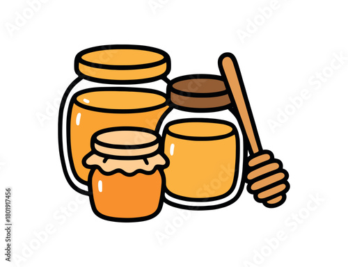 Cute doodle farm products collection flat vector illustration bold handdrawn outlines bright solid fills isolated on white clean white space sticker style minimal detail honey trio jars