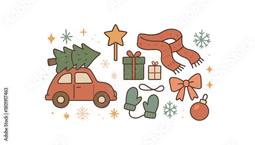 Cozy Christmas flat vector illustration collection of cute festive icons with tree on roof road sign gift boxes scarf mittens snowflakes ribbon bow ornament ball sparkles arranged