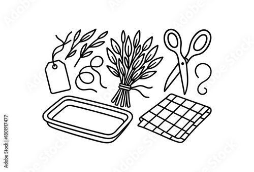 flat vector handdrawn black and white bold clean outlines white background herb bundle making herb stems string scissors label tag blank tray cloth no logos