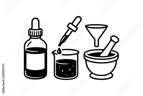 flat vector handdrawn black and white bold clean outlines white background potion craft dropper bottle beaker pipette funnel label blank mortar no logos