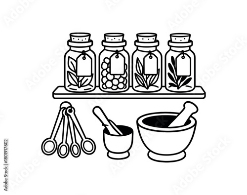 flat vector handdrawn black and white bold clean outlines white background witch pantry glass jars corks measuring spoons mortar and pestle label tags blank no logos