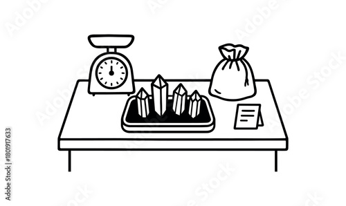 flat vector handdrawn black and white bold clean outlines white background crystal shop scale velvet tray crystal points pouch receipt card blank no logos