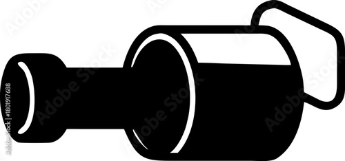 Solid black vector silhouette of a celebratory drink bottle, presented horizontally, a bold graphic icon for festive beverage concepts