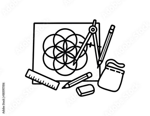 flat vector handdrawn black and white bold clean outlines white background sacred geometry board seed of life board compass ruler pencil pouch no logos