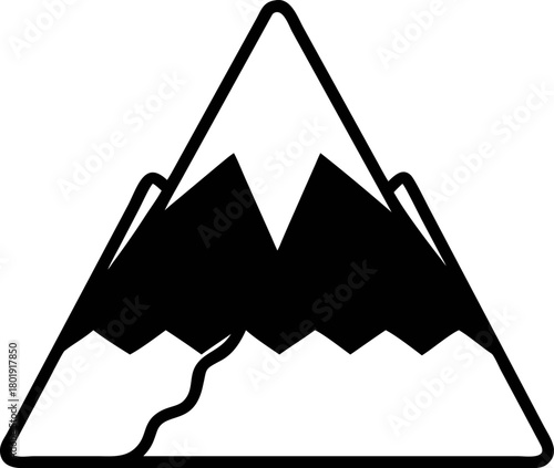Simple mountain range emblem with a winding river. A solid black silhouette vector graphic icon in a clean triangular shape