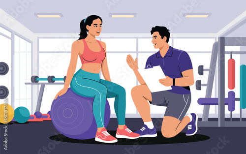 Personal trainer guiding a woman on a fitness ball at the gym