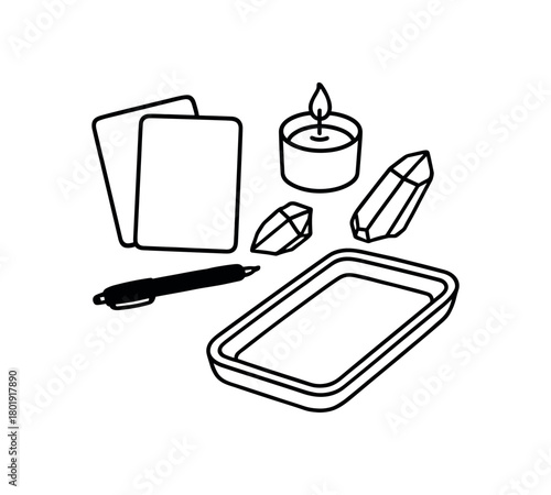 flat vector handdrawn black and white bold clean outlines white background manifestation corner intention cards blank candle quartz point pen tray no logos