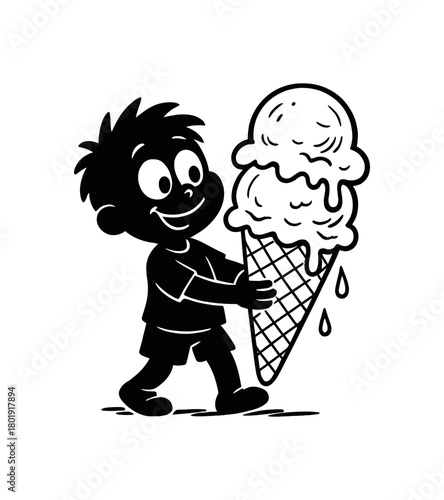 Child holding oversized ice cream cone white eyes black silhouette with drip and scoop lines summer snack moment