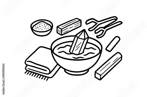 flat vector handdrawn black and white bold clean outlines white background crystal cleansing bowl of water salt dish selenite bar towel tongs no logos